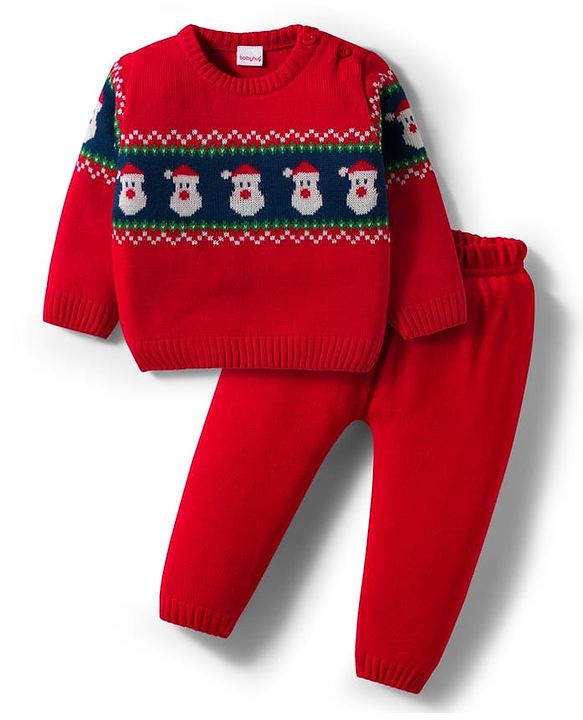 Babyhug Knitted Full Sleeves Sweater Set With Santa Claus Design - Red