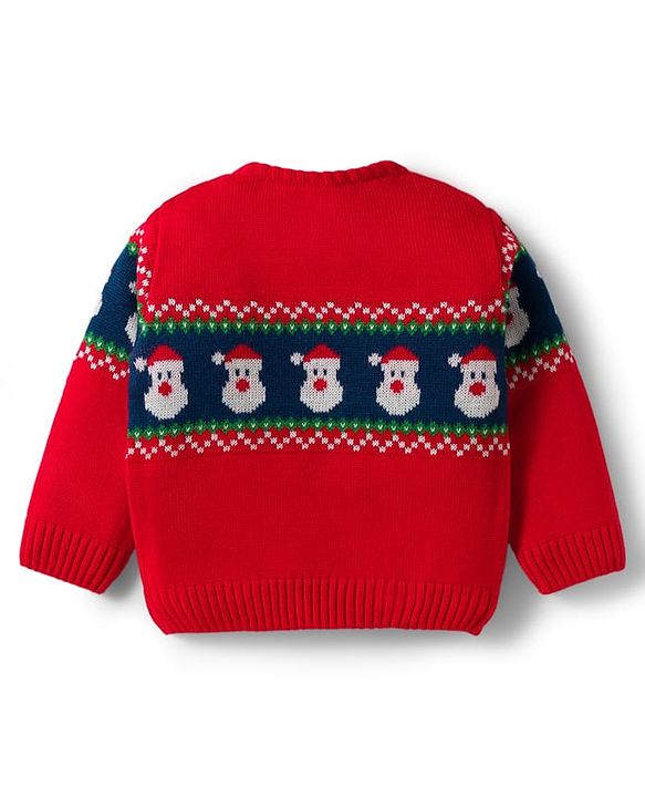 Babyhug Knitted Full Sleeves Sweater Set With Santa Claus Design - Red