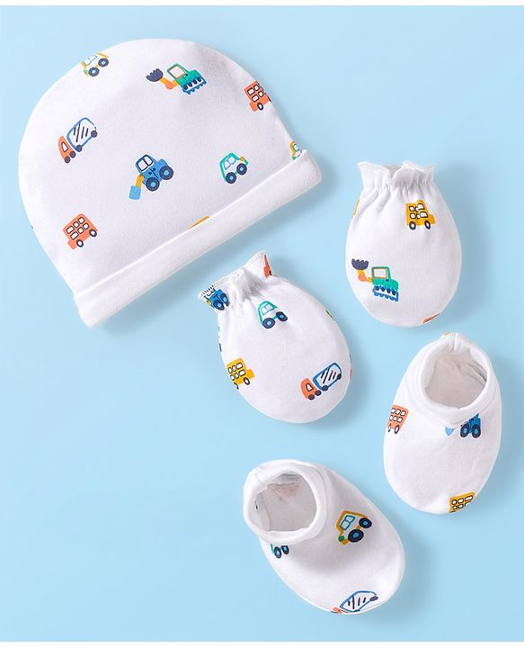 Babyhug 100% Cotton Knit Cap Mittens & Booties with Vehicle Print White - Diameter 16 cm