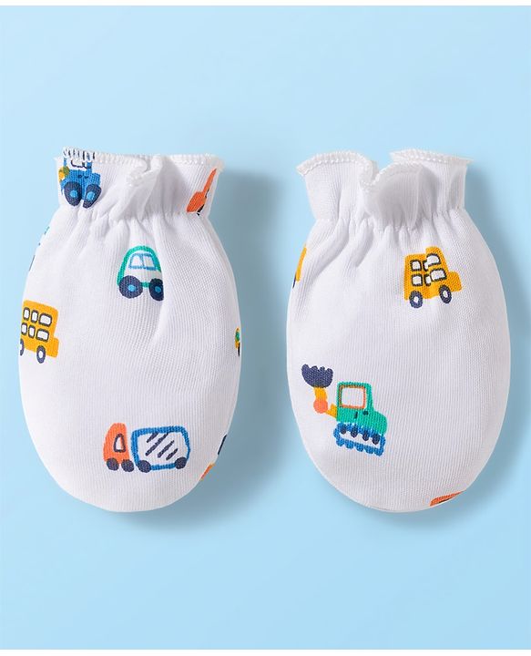 Babyhug 100% Cotton Knit Cap Mittens & Booties with Vehicle Print White - Diameter 16 cm