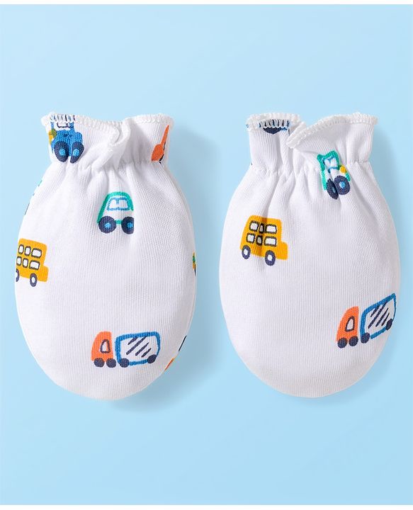 Babyhug 100% Cotton Knit Cap Mittens & Booties with Vehicle Print White - Diameter 16 cm
