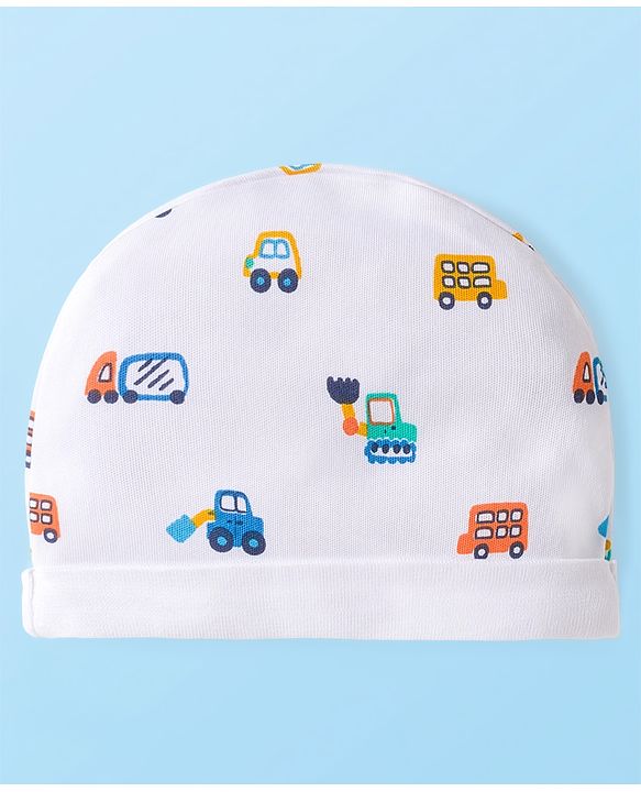 Babyhug 100% Cotton Knit Cap Mittens & Booties with Vehicle Print White - Diameter 16 cm