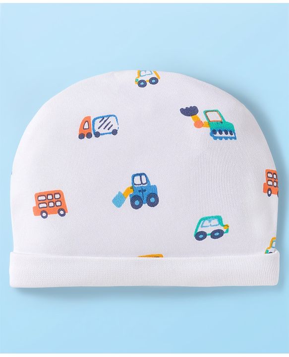 Babyhug 100% Cotton Knit Cap Mittens & Booties with Vehicle Print White - Diameter 16 cm