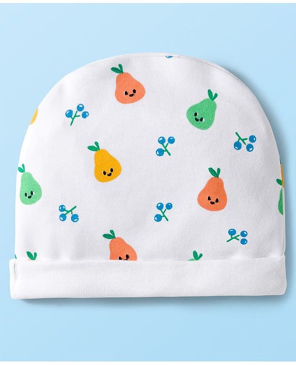 Babyhug 100% Cotton Knit Cap Mittens & Booties Set with Tropical Theme Print White - Diameter 15 cm