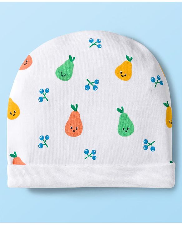 Babyhug 100% Cotton Knit Cap Mittens & Booties Set with Tropical Theme Print White - Diameter 15 cm
