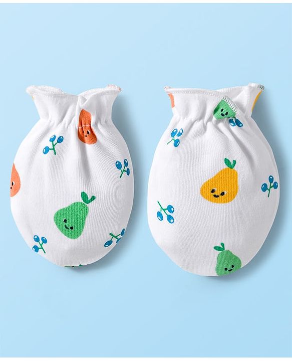 Babyhug 100% Cotton Knit Cap Mittens & Booties Set with Tropical Theme Print White - Diameter 15 cm
