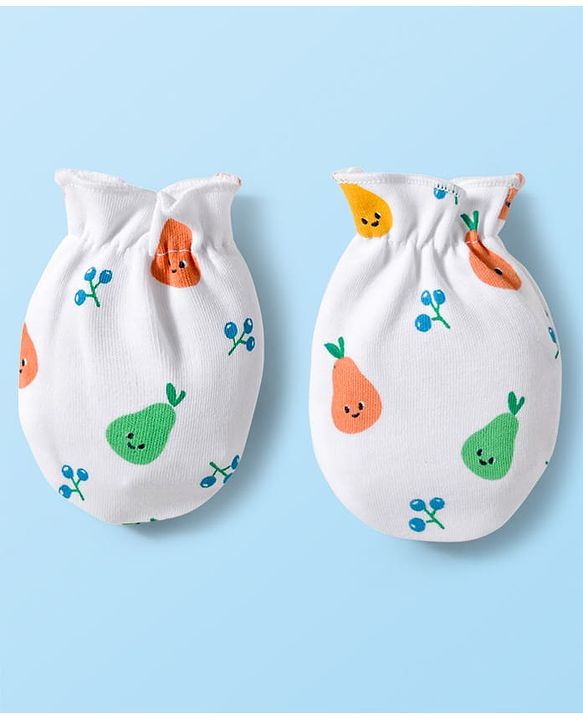 Babyhug 100% Cotton Knit Cap Mittens & Booties Set with Tropical Theme Print White - Diameter 15 cm
