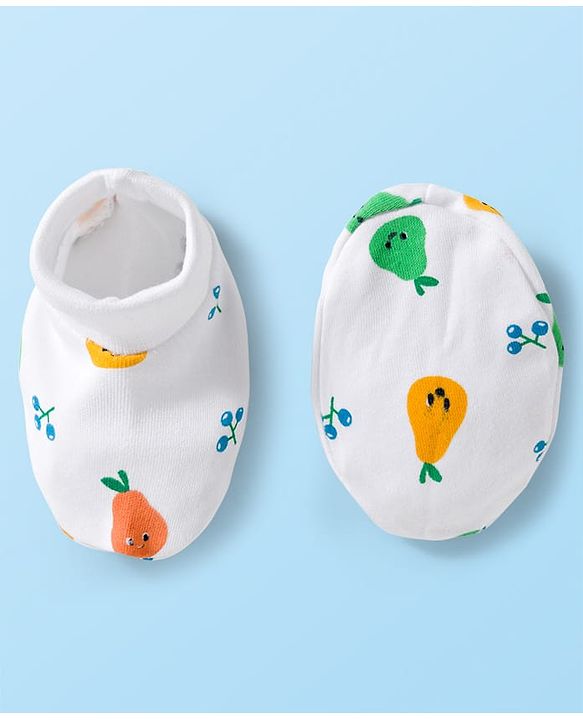 Babyhug 100% Cotton Knit Cap Mittens & Booties Set with Tropical Theme Print White - Diameter 15 cm