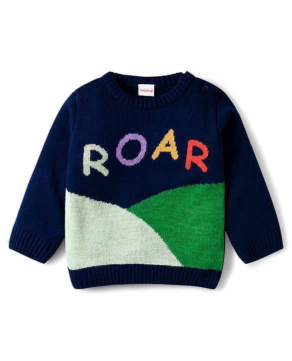 Babyhug Knitted Full Sleeves Sweater Set With Roar Design - Navy Blue