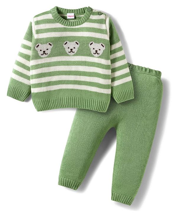 Babyhug Knitted Full Sleeves Sweater Set With Teddy Bear Design - Green