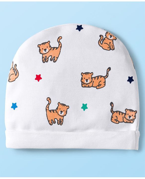 Babyhug 100% Cotton Knit Cap Mittens & Booties Set with Tiger Print White - Diameter 16 cm