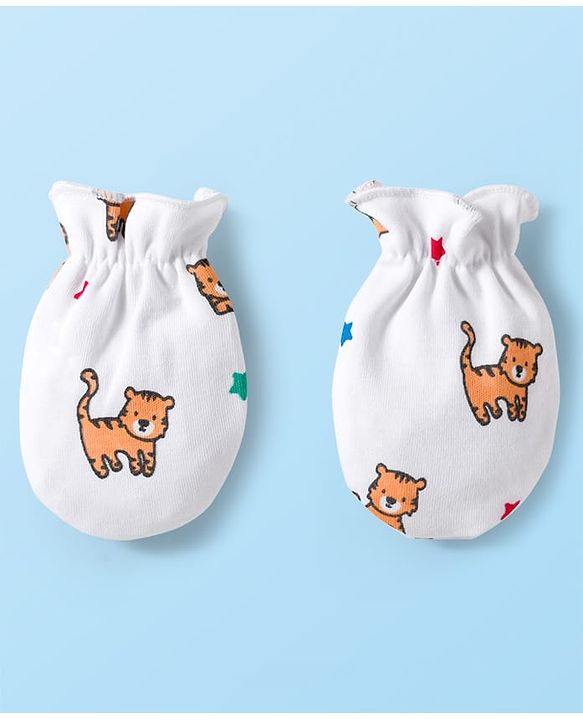 Babyhug 100% Cotton Knit Cap Mittens & Booties Set with Tiger Print White - Diameter 16 cm