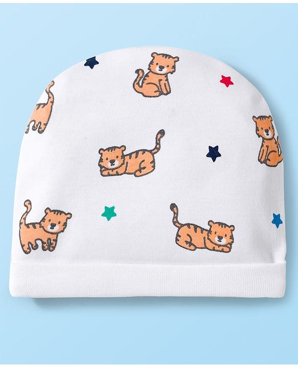Babyhug 100% Cotton Knit Cap Mittens & Booties Set with Tiger Print White - Diameter 16 cm