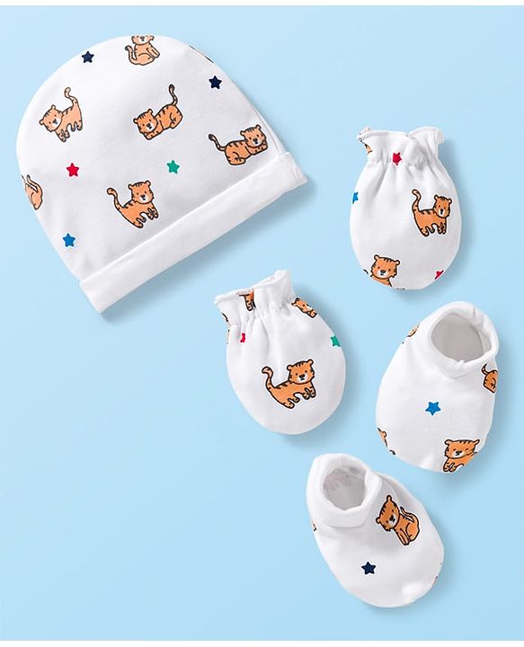 Babyhug 100% Cotton Knit Cap Mittens & Booties Set with Tiger Print White - Diameter 16 cm