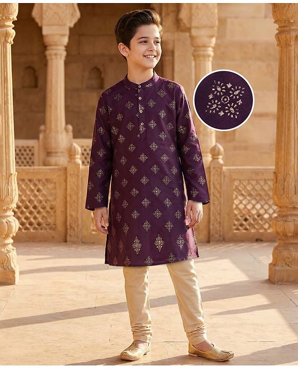 Pine Kids Woven Full Sleeves Kurta Pajama Set With Floral Foil Print - Wine