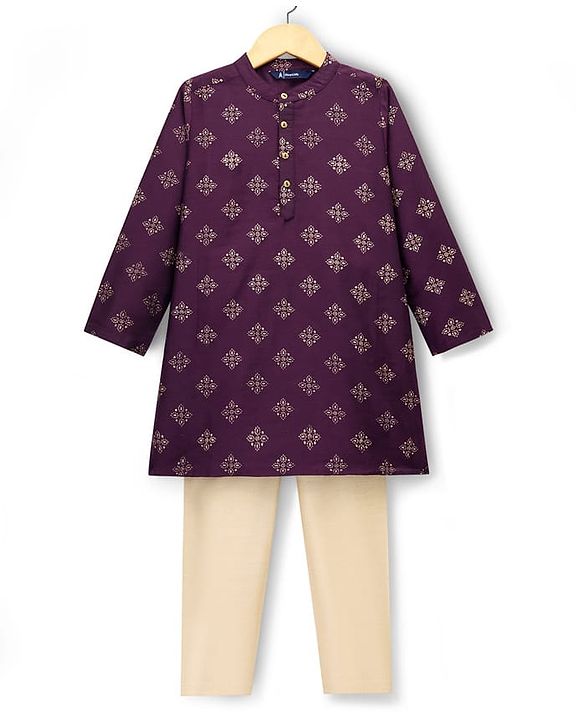 Pine Kids Woven Full Sleeves Kurta Pajama Set With Floral Foil Print - Wine