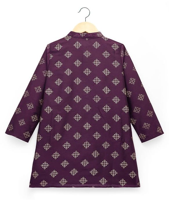Pine Kids Woven Full Sleeves Kurta Pajama Set With Floral Foil Print - Wine