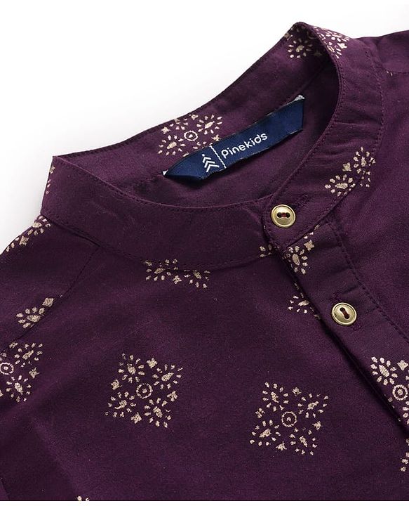 Pine Kids Woven Full Sleeves Kurta Pajama Set With Floral Foil Print - Wine