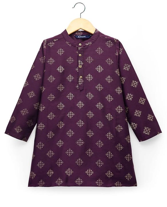 Pine Kids Woven Full Sleeves Kurta Pajama Set With Floral Foil Print - Wine