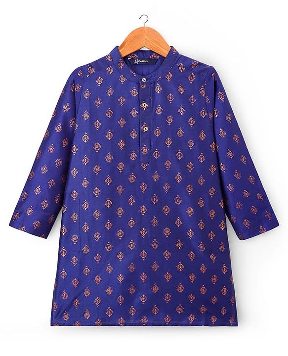 Pine Kids Woven Full Sleeves Kurta Pajama Set With Floral Foil Print - Royal Blue