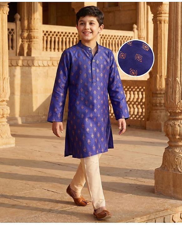 Pine Kids Woven Full Sleeves Kurta Pajama Set With Floral Foil Print - Royal Blue