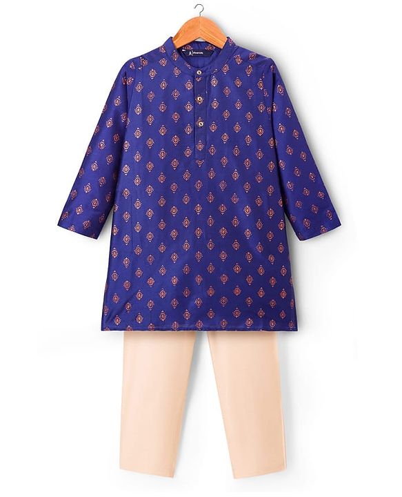 Pine Kids Woven Full Sleeves Kurta Pajama Set With Floral Foil Print - Royal Blue