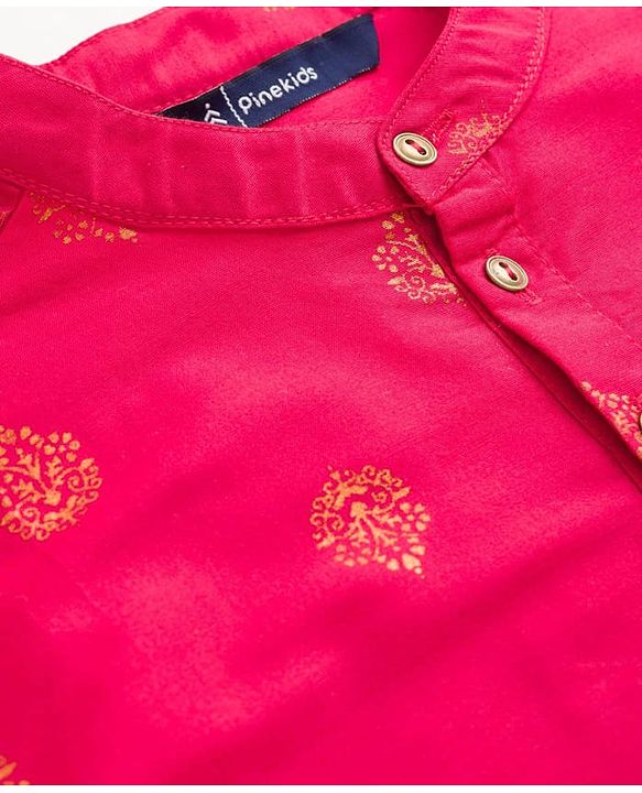 Pine Kids Woven Full Sleeves Kurta Pajama Set With Floral Foil Print - Red