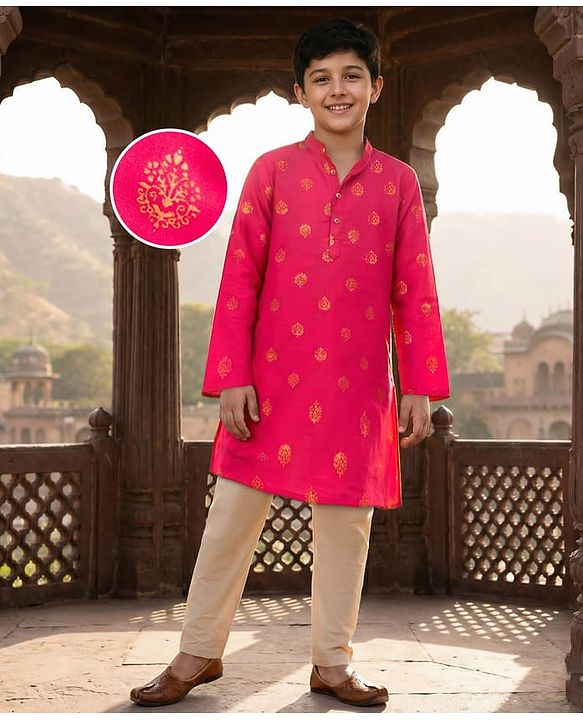 Pine Kids Woven Full Sleeves Kurta Pajama Set With Floral Foil Print - Red