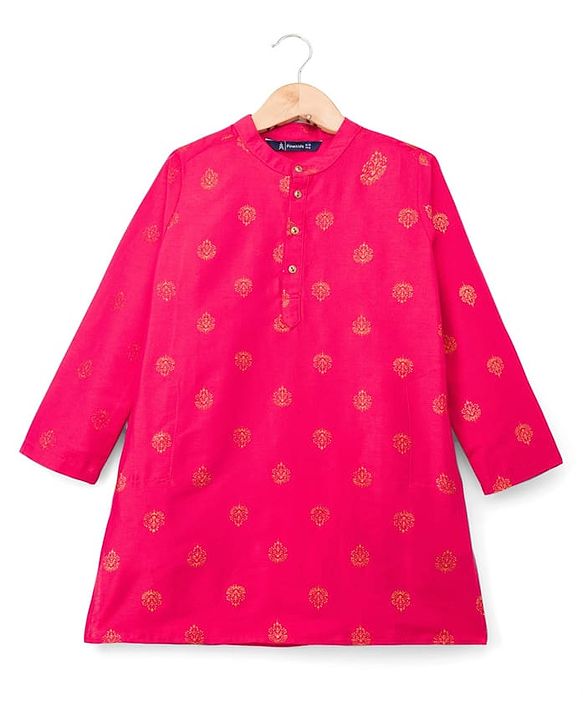 Pine Kids Woven Full Sleeves Kurta Pajama Set With Floral Foil Print - Red