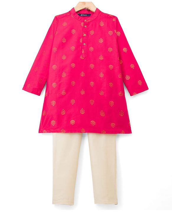 Pine Kids Woven Full Sleeves Kurta Pajama Set With Floral Foil Print - Red