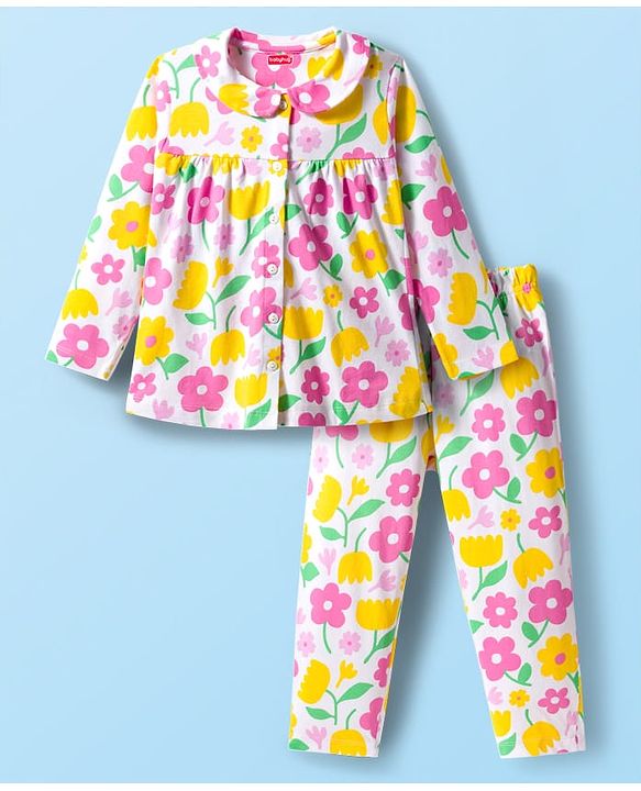 Babyhug Cotton Knit Full Sleeves Front Open Co-ord Night Suit With Floral Print - White