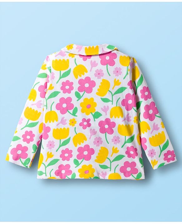 Babyhug Cotton Knit Full Sleeves Front Open Co-ord Night Suit With Floral Print - White