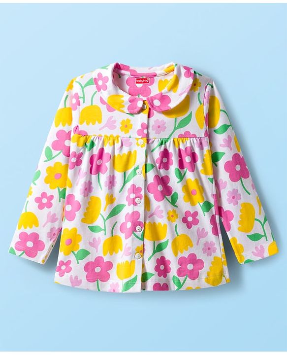 Babyhug Cotton Knit Full Sleeves Front Open Co-ord Night Suit With Floral Print - White
