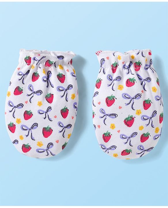Babyhug 100% Cotton Knit Mittens & Booties Set with Strawberry Print - White