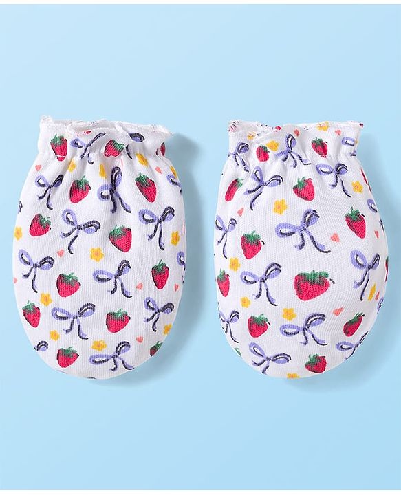 Babyhug 100% Cotton Knit Mittens & Booties Set with Strawberry Print - White