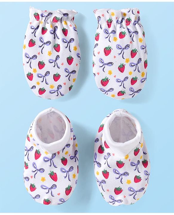 Babyhug 100% Cotton Knit Mittens & Booties Set with Strawberry Print - White