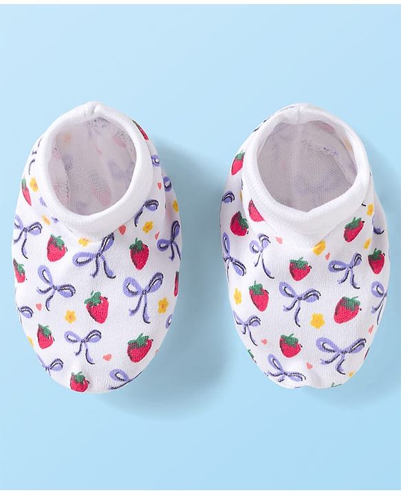 Babyhug 100% Cotton Knit Mittens & Booties Set with Strawberry Print - White
