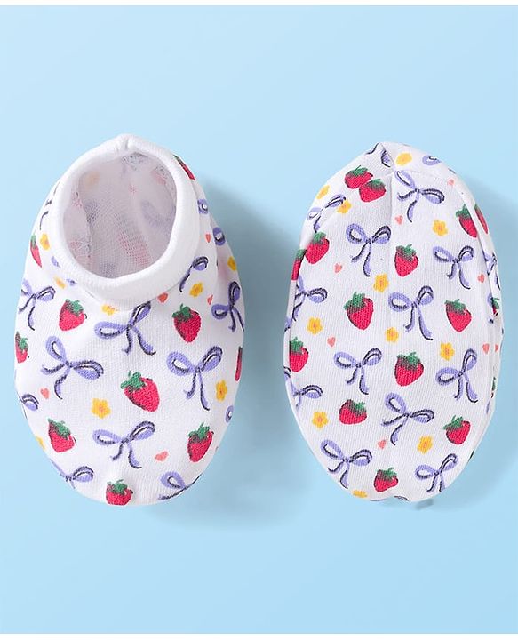 Babyhug 100% Cotton Knit Mittens & Booties Set with Strawberry Print - White