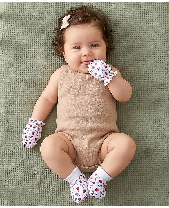Babyhug 100% Cotton Knit Mittens & Booties Set with Strawberry Print - White