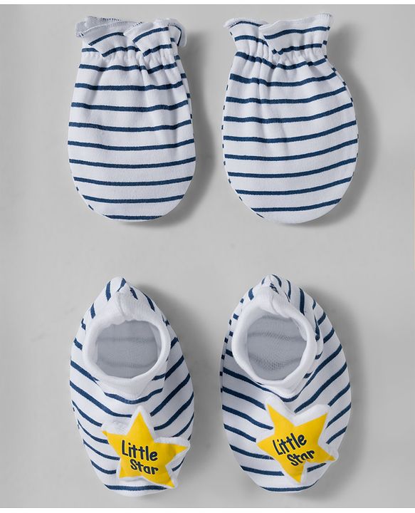 Babyhug 100% Cotton Interlock Knit Mittens & Booties Set With Stripes - Navy Blue
