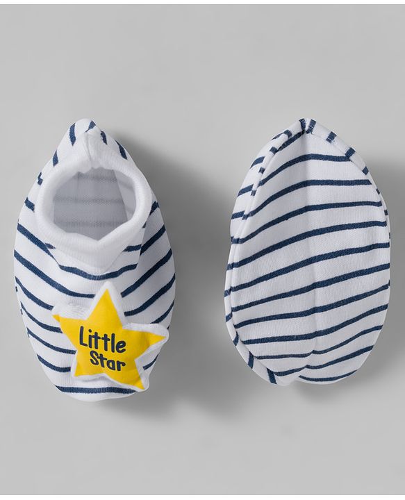 Babyhug 100% Cotton Interlock Knit Mittens & Booties Set With Stripes - Navy Blue