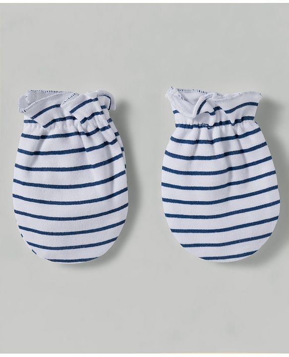 Babyhug 100% Cotton Interlock Knit Mittens & Booties Set With Stripes - Navy Blue