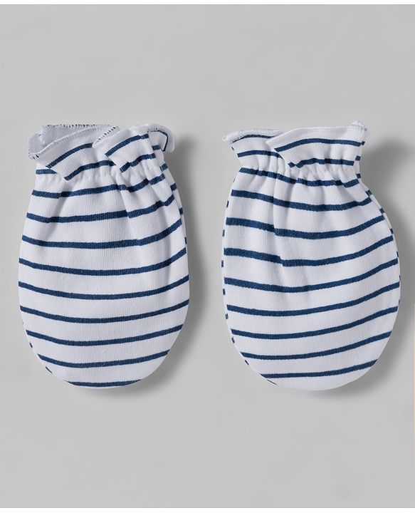Babyhug 100% Cotton Interlock Knit Mittens & Booties Set With Stripes - Navy Blue