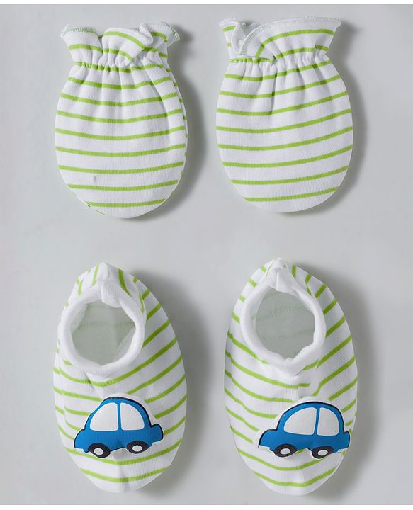 Babyhug 100% Cotton Interlock Knit Mittens & Booties Set With Vehicle Print - Light Green