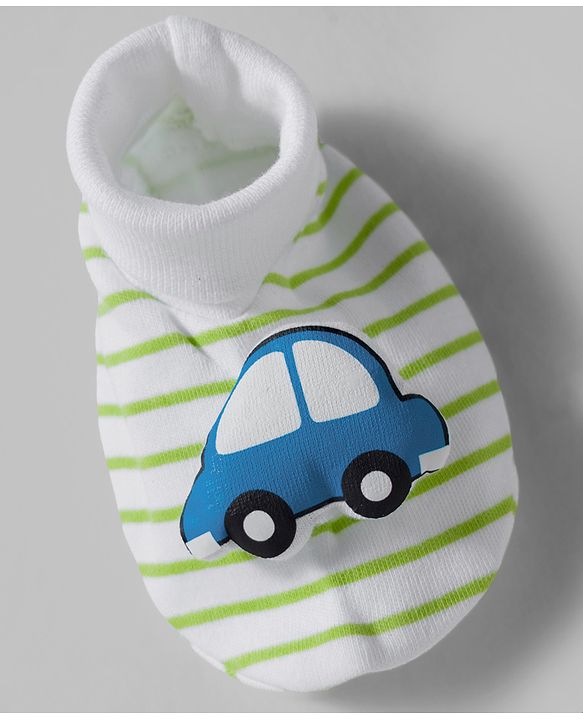 Babyhug 100% Cotton Interlock Knit Mittens & Booties Set With Vehicle Print - Light Green