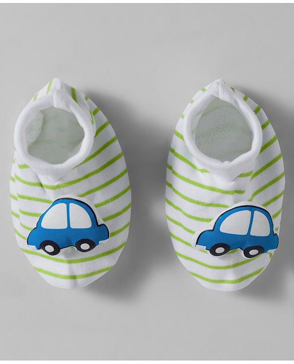 Babyhug 100% Cotton Interlock Knit Mittens & Booties Set With Vehicle Print - Light Green