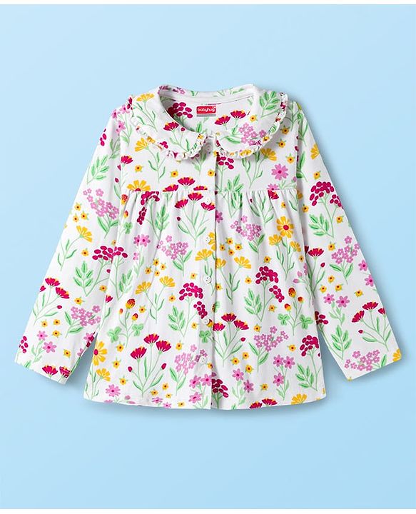 Babyhug Cotton Knit Full Sleeves Co-ords Night Suit With Floral Print - White