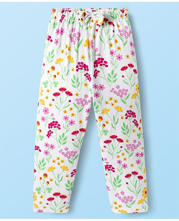 Babyhug Cotton Knit Full Sleeves Co-ords Night Suit With Floral Print - White