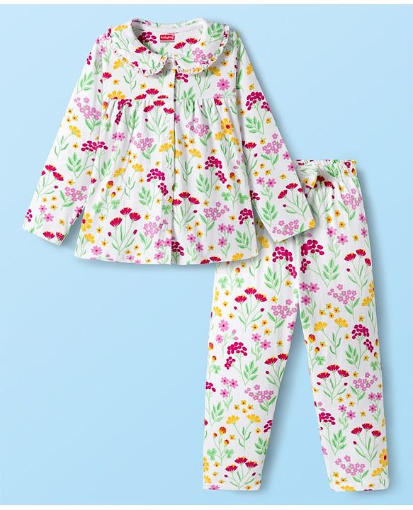 Babyhug Cotton Knit Full Sleeves Co-ords Night Suit With Floral Print - White