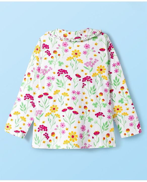 Babyhug Cotton Knit Full Sleeves Co-ords Night Suit With Floral Print - White